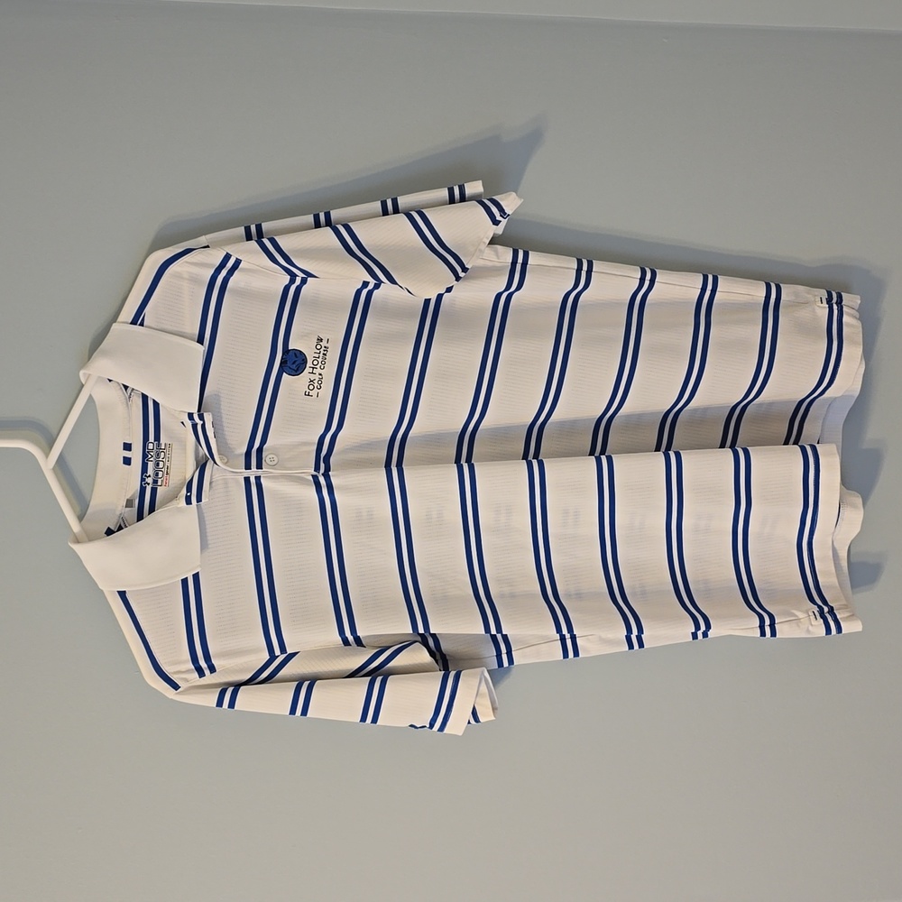 Under Armour Heat Gear Golf Polo white with blue stripe "Fox Hollow Golf Course"